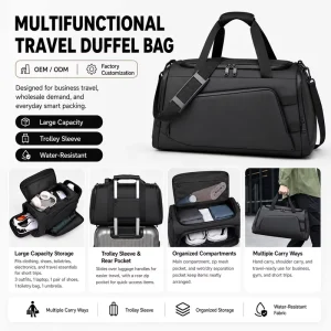 Custom Logo Qianzhuo Nylon Zipper Gym Duffel Bag Shoe Compartment Travel Waterproof Large Capacity Weekender Minimalist Durable
