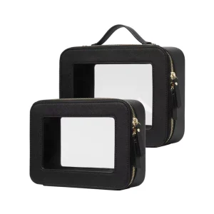 Custom Logo Simple PVC Transparent Clear Zipper Makeup Bag PU Leather Letter Patches Travel Cosmetic Bag