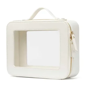 Custom Logo Simple PVC Transparent Clear Zipper Makeup Bag PU Leather Letter Patches Travel Cosmetic Bag