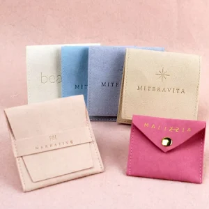 Custom Logo Snap Ivory Suede Microfiber Jewelry Pouch with Layer and Insert Pad Envelope Bag Button Necklace Rings Bracelet Pink