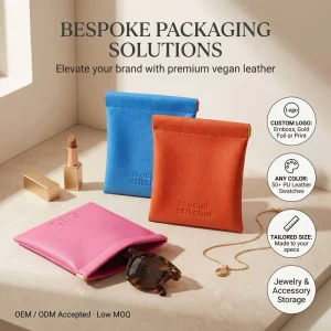 Custom Logo Squeeze Vegan PU Leather Jewelry Pouch Self Closing Cosmetic Bag Gift Packaging for Earring Necklace OEM