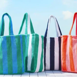 Custom Logo Striped Terry Cloth Beach Tote Bag Personalized Towel Shoulder Bag for Summer Ladies’ Striped Tote Bag for Towels