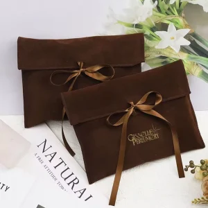 Custom Logo Velvet Envelope Pouch with Ribbon Bow Small Jewelry Packaging Bag Makeup Toiletry Gift Pouch Dust Bag