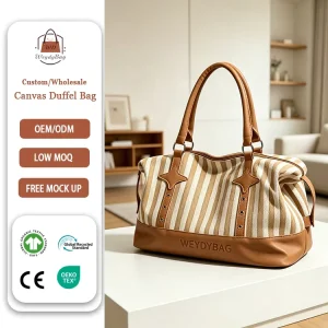 Custom Logo Women Striped Duffle Bag Large Capacity Cotton Canvas and Leather Spliced Travel Bag Lightweight Durable Duffel Bag