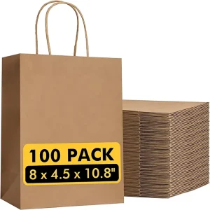 Custom Luxury Brown Kraft Paper Bags Recycled Materials Screen Printing Ribbon Handle for Supermarket Promotion