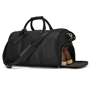 Custom Luxury Outdoor Overnight Travel Black Genuine Leather Duffel Bag Men Leather Duffel Bags