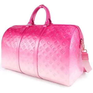 Custom Monogram Embossed Logo Rose Gold Metallic Pu Leather Ladies Travel Weekender Overnight Duffle Bag for Women