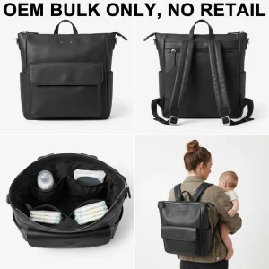 Custom Mother’s Black Hospital Bag Classic Portable PU Vegan Leather Large Capacity Nappy Baby Diaper Bag for Parents