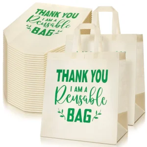 Custom Non Woven Sturdy Eco Friendly Folding Tote Bag for Restaurant Grocery Shopping Promotional Use with Thank You Message