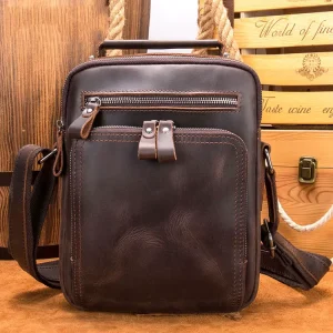Custom OEM ODM Cowhide Crazy Horse Genuine Leather Zipper Crossbody Satchel Bag for Men Vintage Small Laptop Messenger