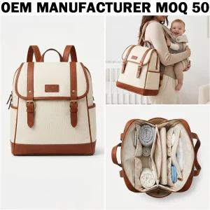 Custom OEM Off White Color Cotton Canvas Baby Care Bag Insulated Bottle Pockets Canvas with Leather Diaper Bag for US