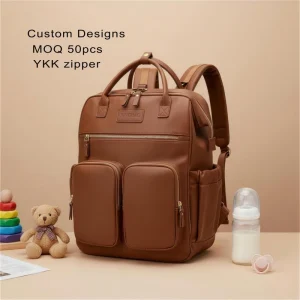 Custom PU Vegan Leather Portable Nappy Changing Organizer Diaper Backpack Maternity Bag for Babies