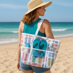 Custom Pattern Mesh Beach Bag Breathable Lightweight Beach Tote with Outer Pockets for Swimming Pool Travel