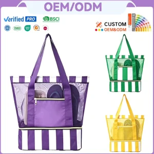 Custom Popular Striped Mesh Beach Bag Double Layer Insulated Women’s Tote Bag With Cooler