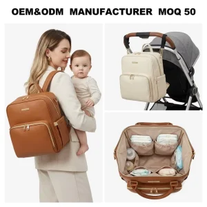Custom Premium Vegan PU Leather Brown Waterproof Zipper Closure Large Capacity Portable Nappy Newborn Baby Diaper Bag
