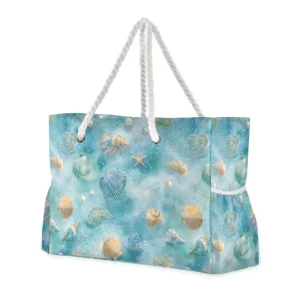 Custom Print Logo Beach Bag Tote Bag Women Nylon Summer Blue Sea Shells Design Extra Large Weekender Bag with Rope Handle