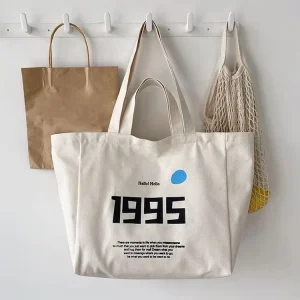 Custom Print Logo Cotton Large Shopping White Canvas Tote Bag With Pocket and Zipper