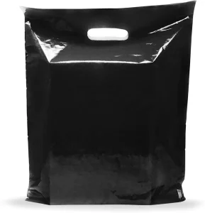 Custom Printed Black White Merchandise Plastic Shopping Bags 12″ X 15″ with Logo 1.5 Mil Thick Die Cut Handles