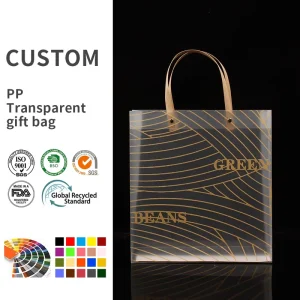 Custom Printed Frosted PP Plastic Tote Bag Transparent Shopping Bag with Wood Grain Handle Rivet for Luxury Brand Packaging