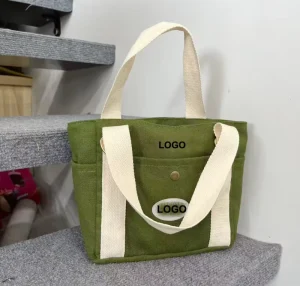 Custom Printed Recycle Green Portable Cartoon Cute Small Canvas Cotton Tote Bag Unisex with Zipper Button