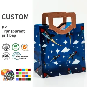 Custom Rocket Space Print Plastic Tote Bags Faux Leather Handles Sturdy Base for Kids Birthday Party Favor Packaging