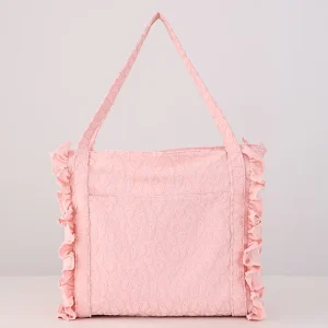 Custom Shell Embossed Towel Fabric Tote Bag Pink Ruffle Trim Shoulder Bag