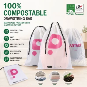 Custom Size&Logo 100% Biodegradable PLA Poly Drawstring Bags Compostable Eco Packaging Zero Waste Drawstring Cloth Storage Bags