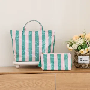 Custom Stripe PVC Tote Bag Waterproof Beach Handbag With Matching Cosmetic Pouch