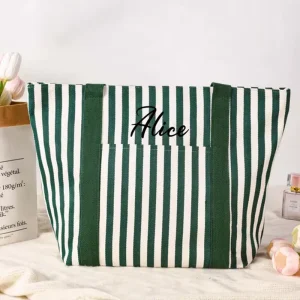 Custom Striped Canvas Tote Bag Reusable Shoulder Bag With Front Pocket