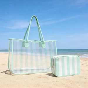 Custom Striped Print PVC Handbag Mint Transparent Clear Tote Bag Water Resistant Girls Summer Beach Shopping Travel Tote Handbag