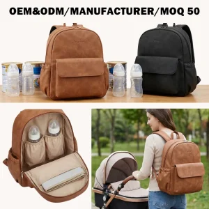 Custom Suede PU Leather Diaper Bag Multi functional Baby Bag with Insulated Bottle Pocket for Mother Daily Use