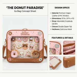 Custom Trendy Kawaii Donut Ita Bag Vegan Leather Pin Display Crossbody Purse with Clear Window for Anime Cons Everyday Style