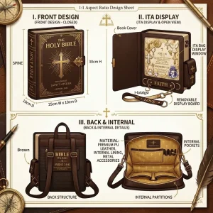 Custom Unique Holy Bible Book Ita Bag Premium PU Backpack with Clear Display Window for Cosplay Anime Fans Collection
