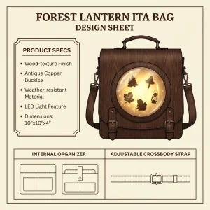 Custom Vintage Wood Texture Ita Bag LED Light Up Display Crossbody Bag with Antique Buckles for Cosplay Daily Fashion