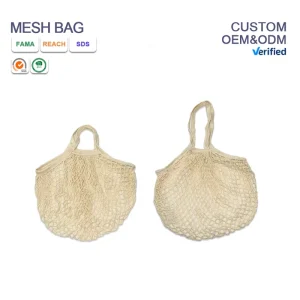 Custom Washable Eco Friendly Recyclable Cotton Mesh Fashion Portable Grocery Fruit Foods Net Bag Long Handle Shopping Tote Bags
