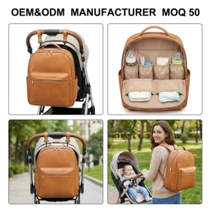 Custom Waterproof Multi Pockets Brown Nappy Bag Premium PU Leather Mommy Backpack Baby Diaper Bag with Stroller Straps