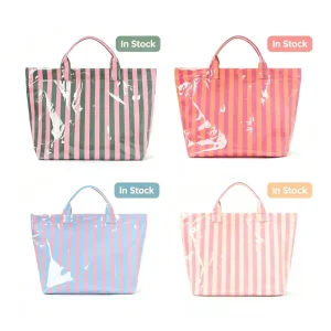 Custom Waterproof Pvc Durable Beach Handbag Summer Striped Colorful Canvas Travel Lady Shopping Tote Bag