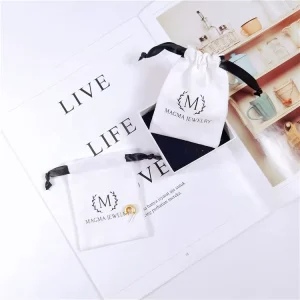 Custom White Cotton Drawstring Jewelry Bag with Logo Printed for Earrings Rings Bracelet Gift Packing Bag