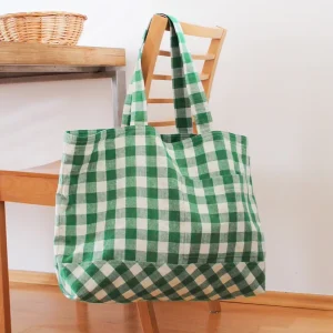 Custom Woven Green Gingham Plaid Shopping Bag Linen Cotton Women Tote Bag With Front Pocket