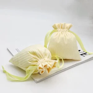 Custom Yellow Corduroy Drawstring Pouches Eco Friendly Printed Cotton Dust Bags for Women Jewelry Packaging