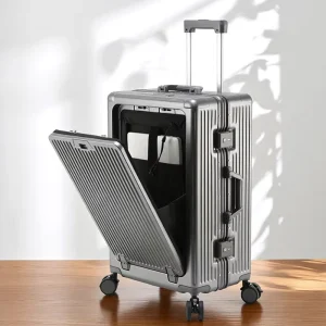 Customizable 4 Wheel TSA Lock Spinner Luxury PC Front Open Aluminum Suitcase Durable USB Maletas Strong Luggage Bag