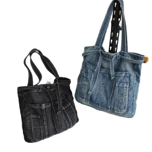 Customizable Retro Denim Canvas Shoulder Tote Bag with Hasp Closure and Jeans Pocket