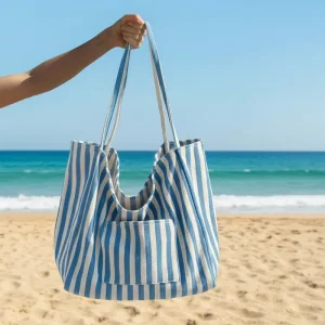 Customizable Striped Canvas Tote Bag Large Capacity with Front Pocket for Travel