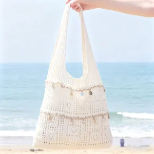 Customizable Tote Beach Bag Portable Knitted Shoulder Shopping Tote Ocean Seashell Pendant Woven Crochet Handmade Tote Bag