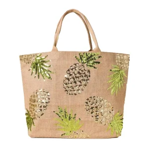 Customize Glitter Pineapple Embroidery Jute Tote Bag Summer Beach Vacation Linen Shopping Bag