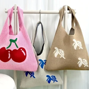 Customize Pattern Crochet Bags Cherry Turtle Pattern Knitted Beach Bag Casual Summer Women’s Lightweight Daily Use Handbag Purse