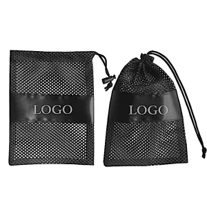Customized Black Polyester Mesh Drawstring Bag for Sports Equipment Travel and Storage with Carabiner and Logo Portable and Washable