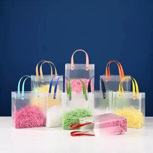 Customized Colorful Handle PP Frosted Tote Bag Transparent Reusable Plastic Shopping Bag Gift Packaging Bag with Your Logo