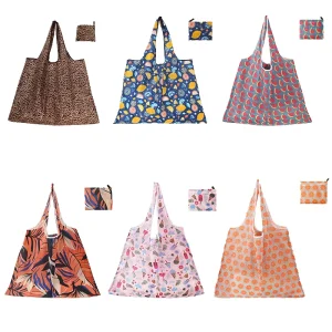 Customized Medium Size Eco Friendly Recyclable Polyester Shopping Bag with Shoulder Strap Folding Supermarket Grocery Pouch