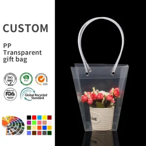 Customized Plastic Tote Bags Tapered Design for Fresh Flower Bouquet and Plant Gift Retail Packaging
